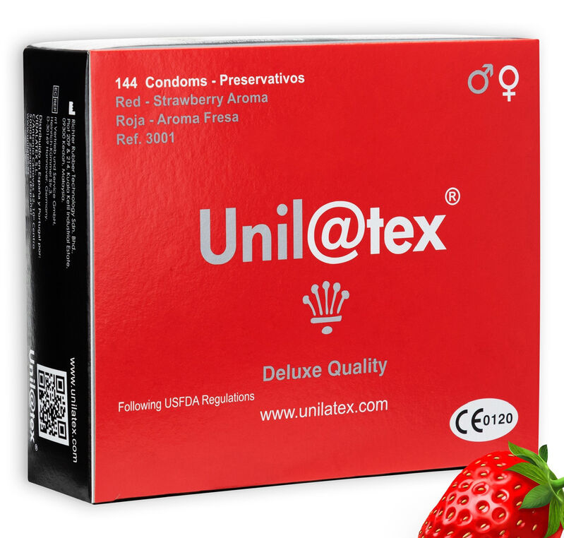 UNILATEX - Punaiset mansikan tuoksuiset kondomit 144 kpl