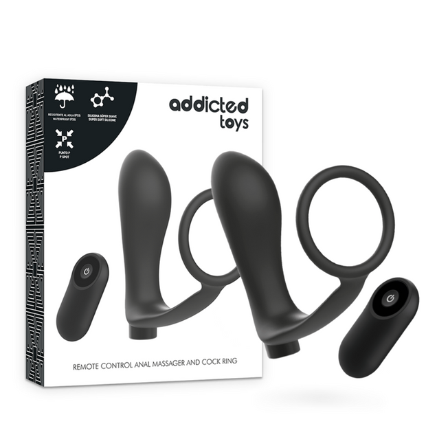 ADDICTED TOYS - Musta uudelleenladattava penisrengas ja kaukosäätimellä ohjattava anaalitappi