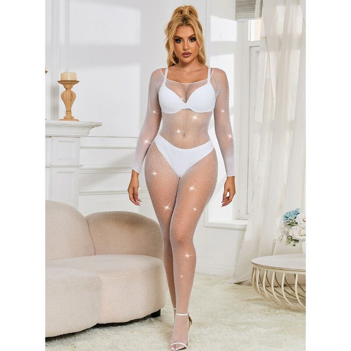 SUBBLIME - 952396 FISKNÄTSBODY MED DIAMANTER LÅNG ÄRM VIT ONE SIZE