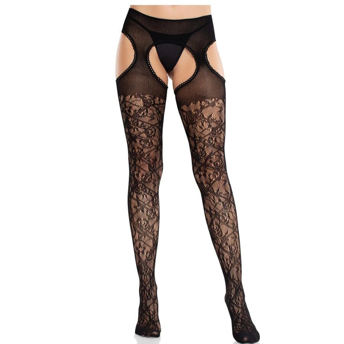 LEG AVENUE - FLORAL LACE STOCKINGS WITH GARTERS UNITED BLACK