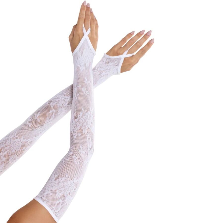 LEG AVENUE - EXTRA LONG FLORAL LACE ARM WARMER GLOVES WHITE