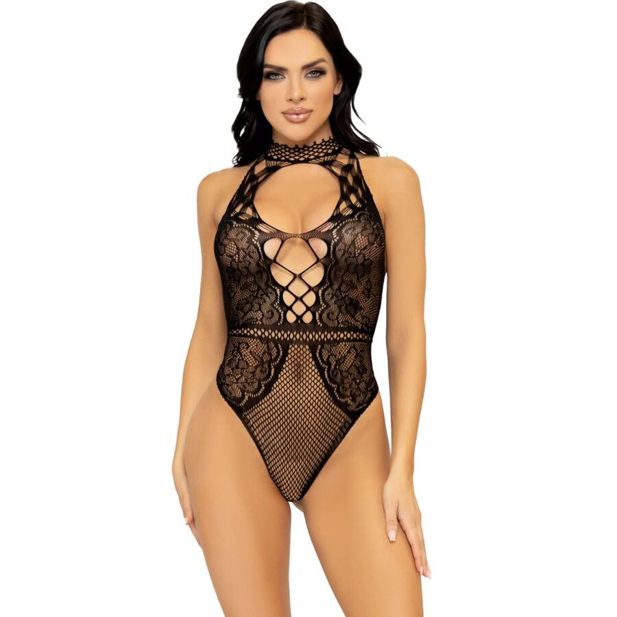 LEG AVENUE – NÄT- OCH SPETSIG HALTERNECK-BODY MED NYCKELHÅLSDETALJ, ONE SIZE