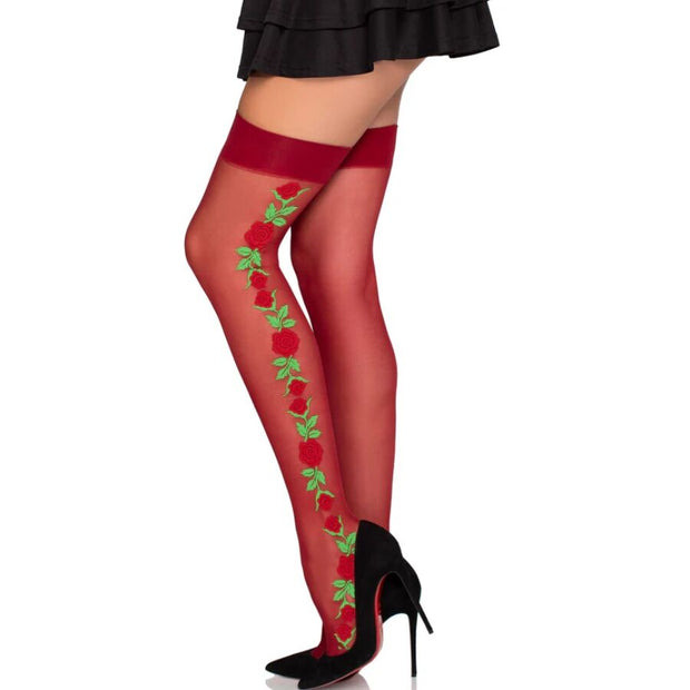LEG AVENUE - Punaiset ruusukuvioiset sukkahousut – One size