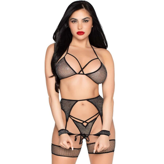 LEG AVENUE – 89362 toppi, stringit, sukkanauhat ja käsisiteet -setti, musta, one size