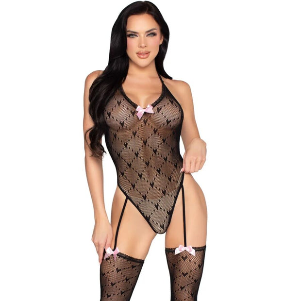 LEG AVENUE - Avoselkäinen body sukkanauhavyöllä musta – one size