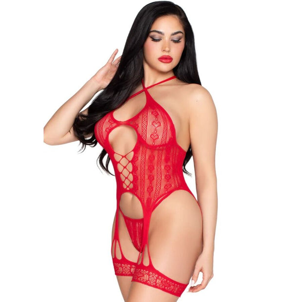 LEG AVENUE – 89338 punainen pitsibody, sukkanauha ja stringit, one size