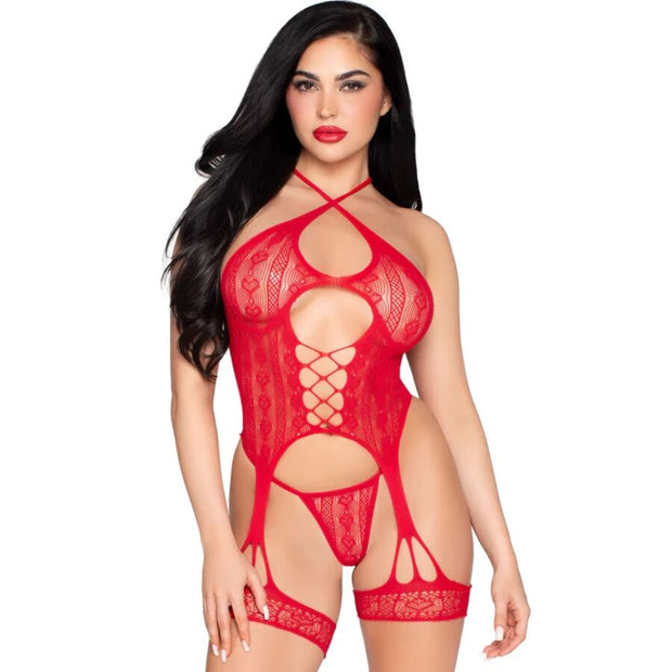 LEG AVENUE – 89338 punainen pitsibody, sukkanauha ja stringit, one size