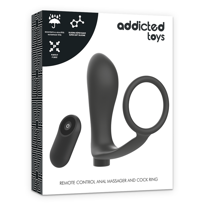 ADDICTED TOYS - PENISRING MED FJÄRRSTYRD ANUSPLUGG SVART UPPLADDNINGSBAR